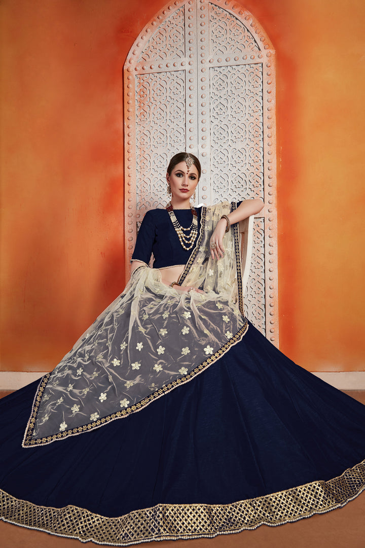 Navy Blue Art Silk Lehenga | Zari Work for Weddings & Special Events