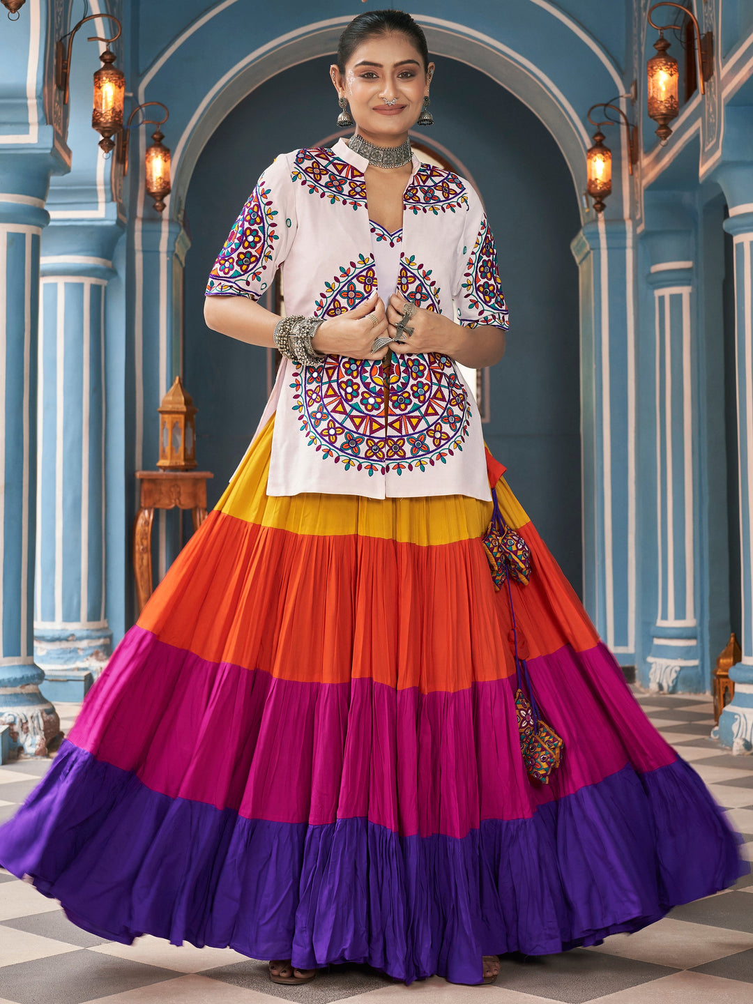 StunningÃ‚Â Multi-Color Rayon Navratri Lehenga Choli With Jacket