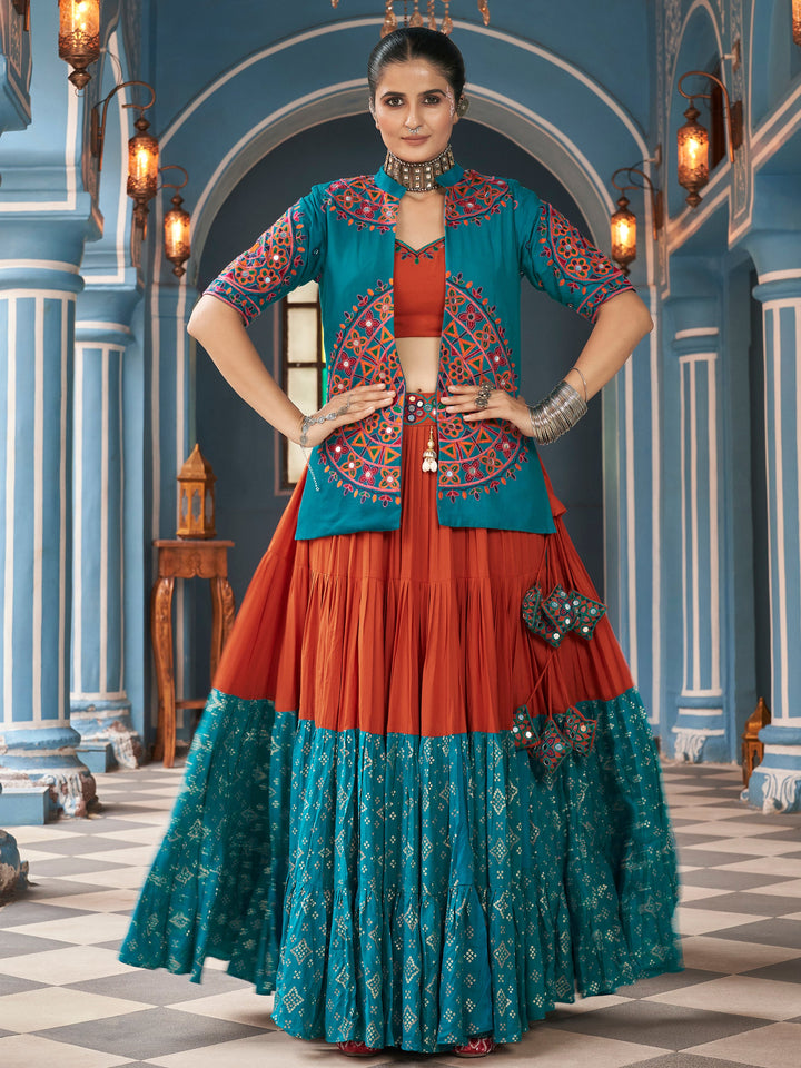 Pretty Brown & Blue Foil Printed Rayon Navratri Lehenga Choli With Jacket