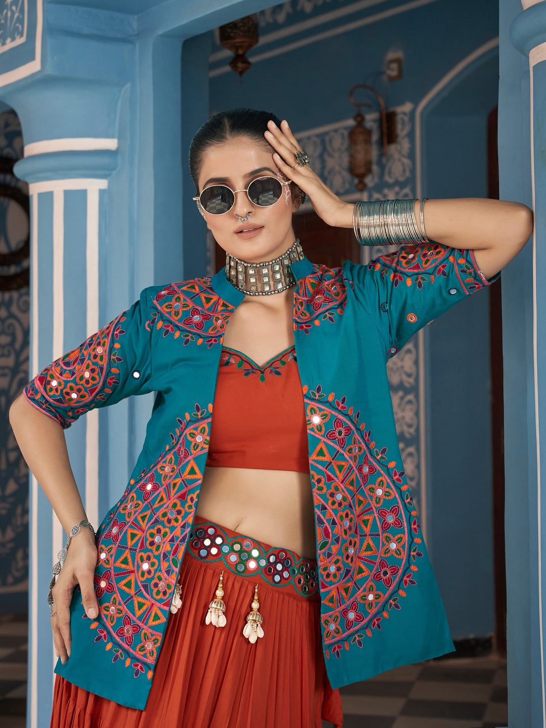 Pretty Brown & Blue Foil Printed Rayon Navratri Lehenga Choli With Jacket