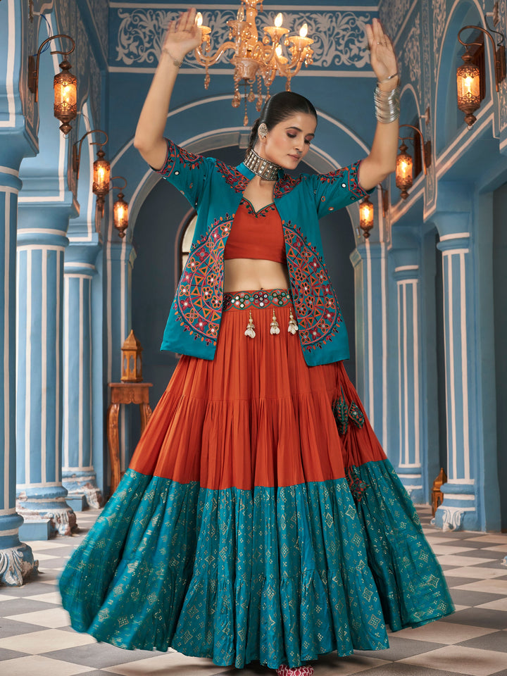 Pretty Brown & Blue Foil Printed Rayon Navratri Lehenga Choli With Jacket