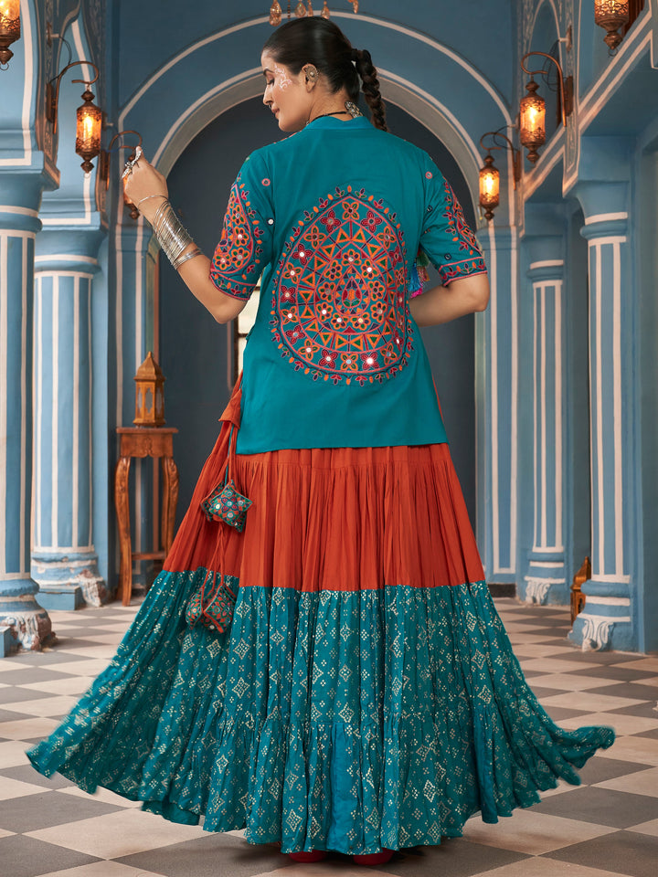 Pretty Brown & Blue Foil Printed Rayon Navratri Lehenga Choli With Jacket