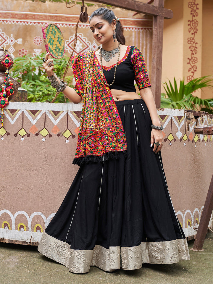 Captivating Black Embroidered Rayon Navratri Wear Lehenga Choli