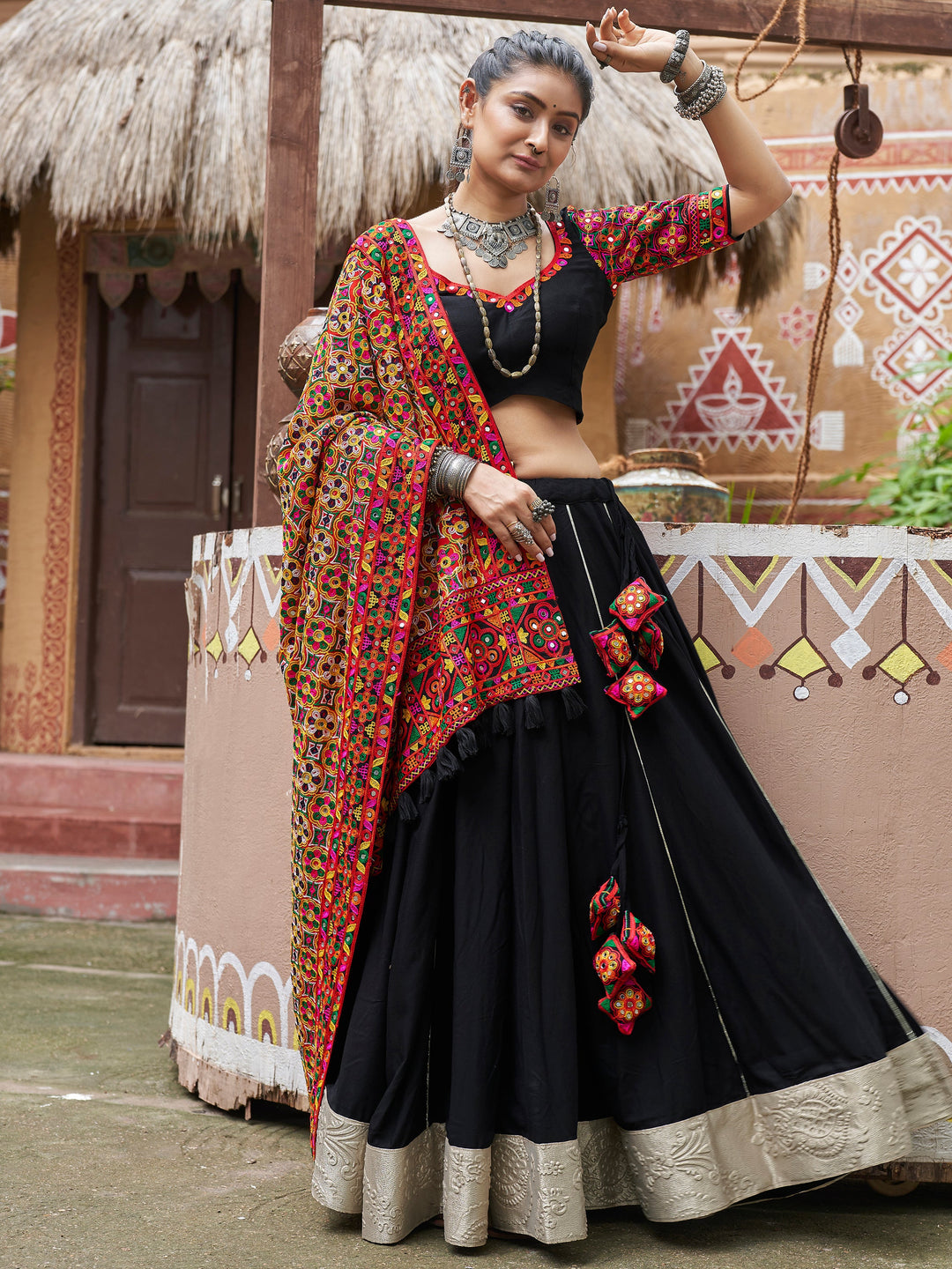 Captivating Black Embroidered Rayon Navratri Wear Lehenga Choli