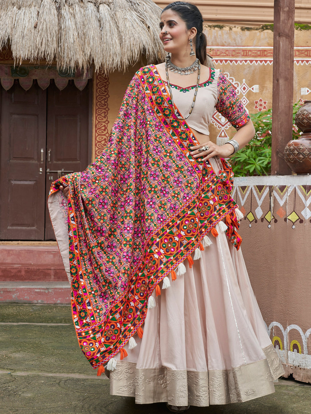 Glamorous Beige Rayon Navratri Wear Lehenga Choli With Dupatta