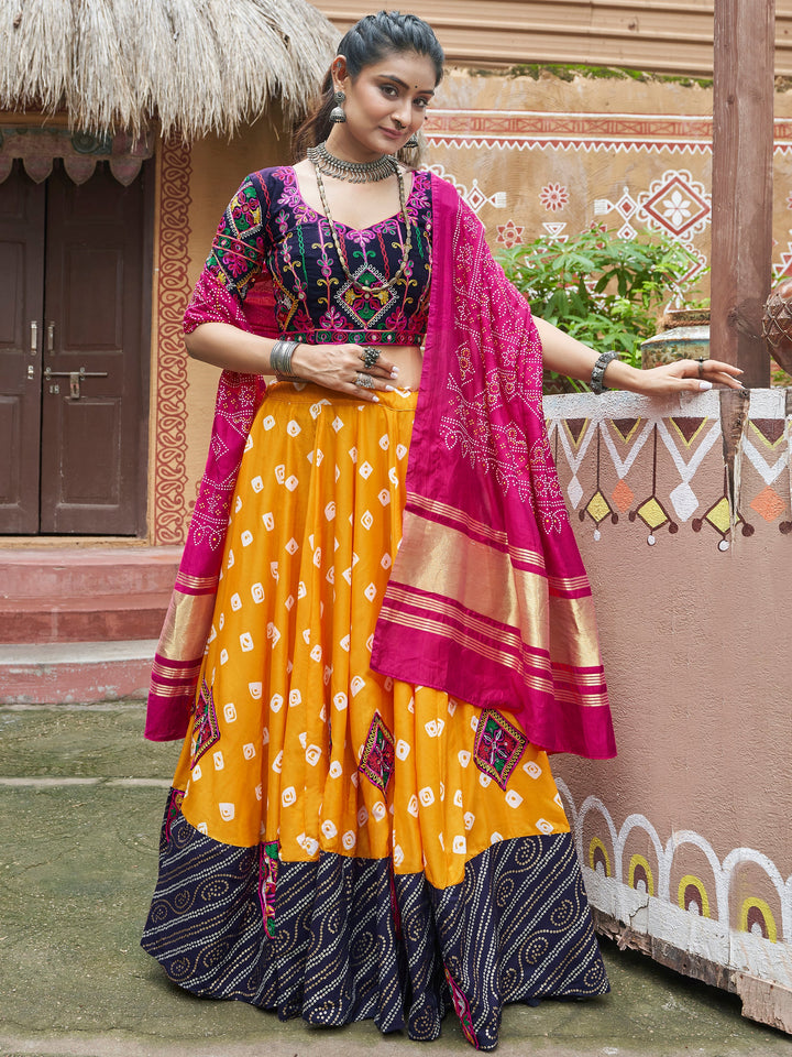 Precious Yellow Embroidered Cotton Navratri Lehenga Choli With Dupatta