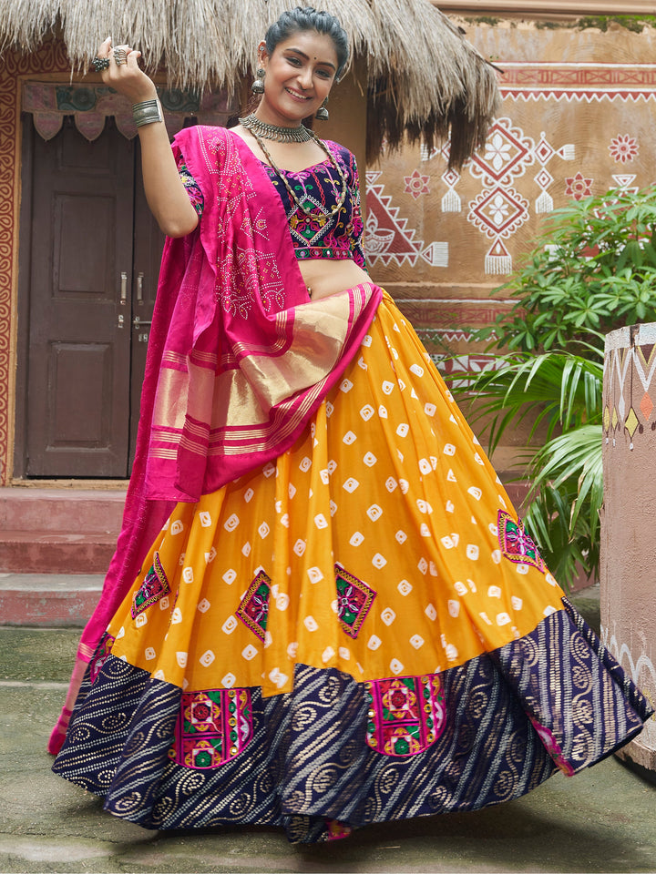 Precious Yellow Embroidered Cotton Navratri Lehenga Choli With Dupatta