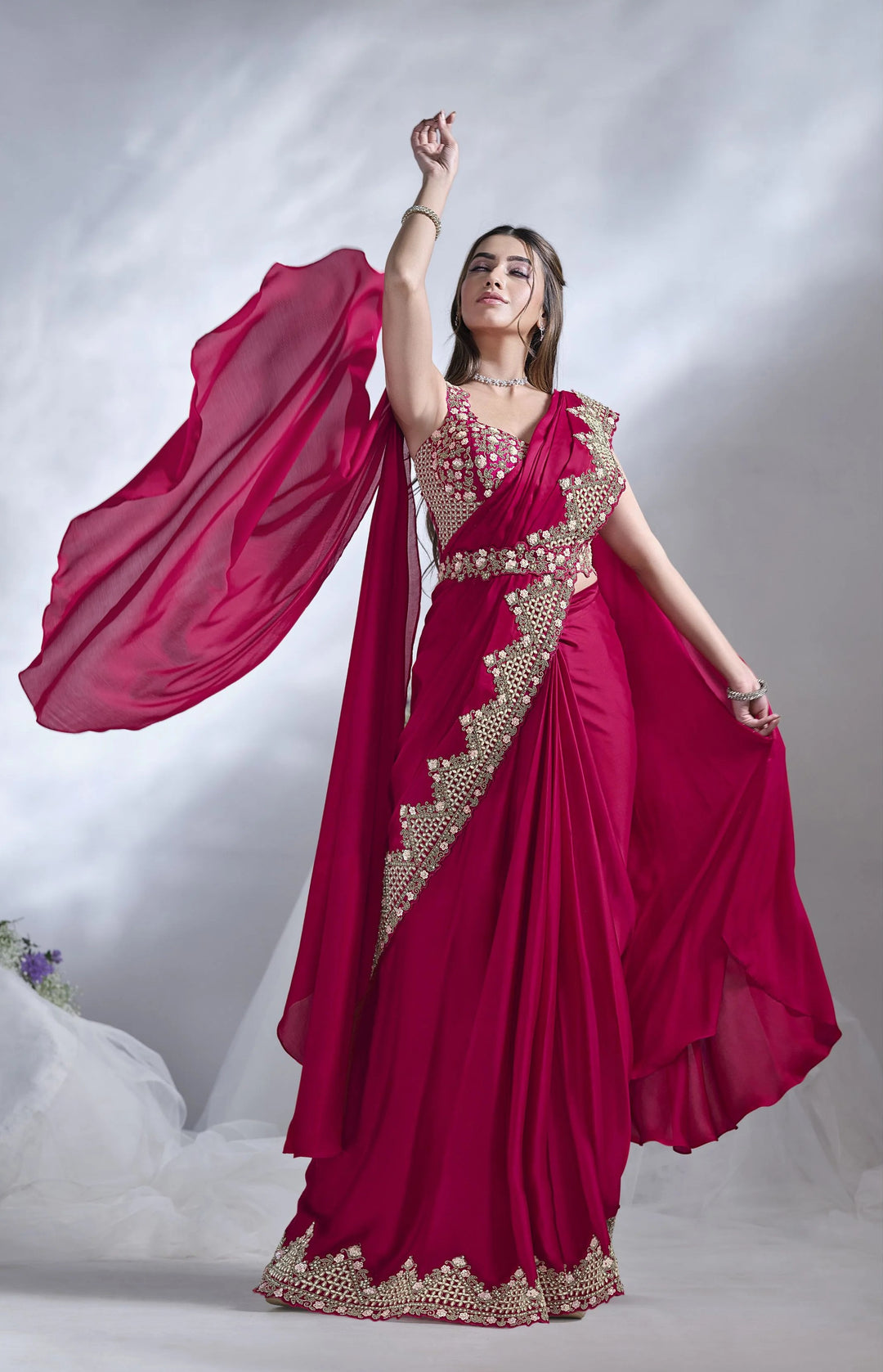 Luxurious Crepe Satin Silk Red Saree | AURA Collection Special Edition