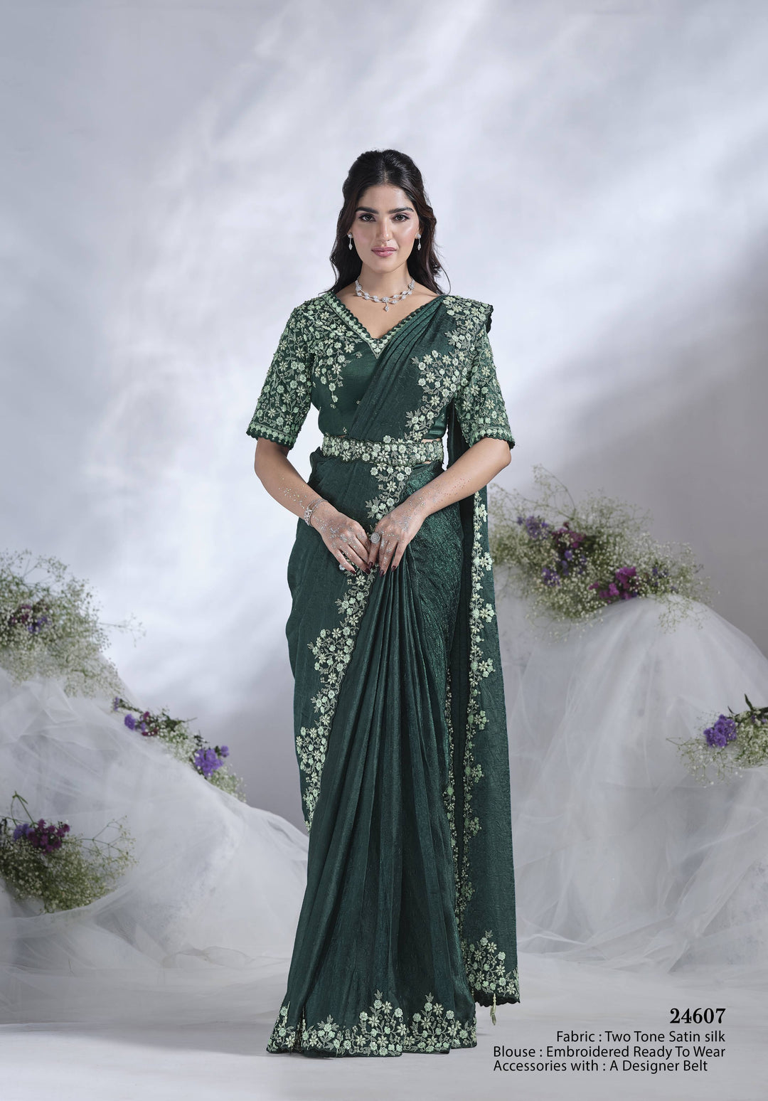 Bottle-Green Saree | Two-Tone Satin Silk with Sequins & Hand Work