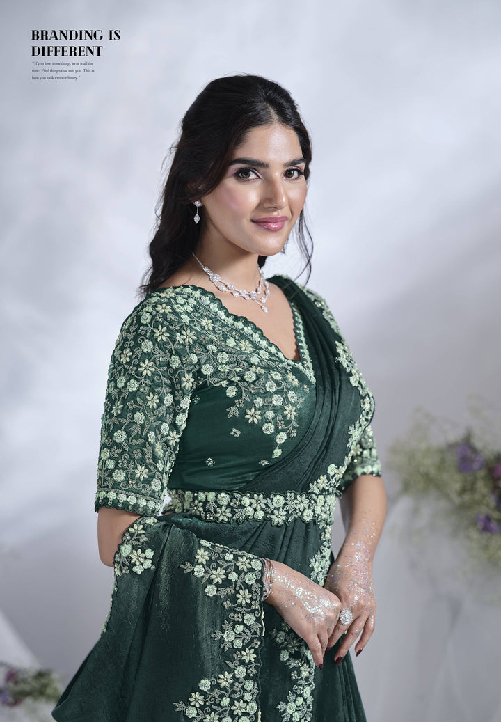 Bottle-Green Saree | Two-Tone Satin Silk with Sequins & Hand Work