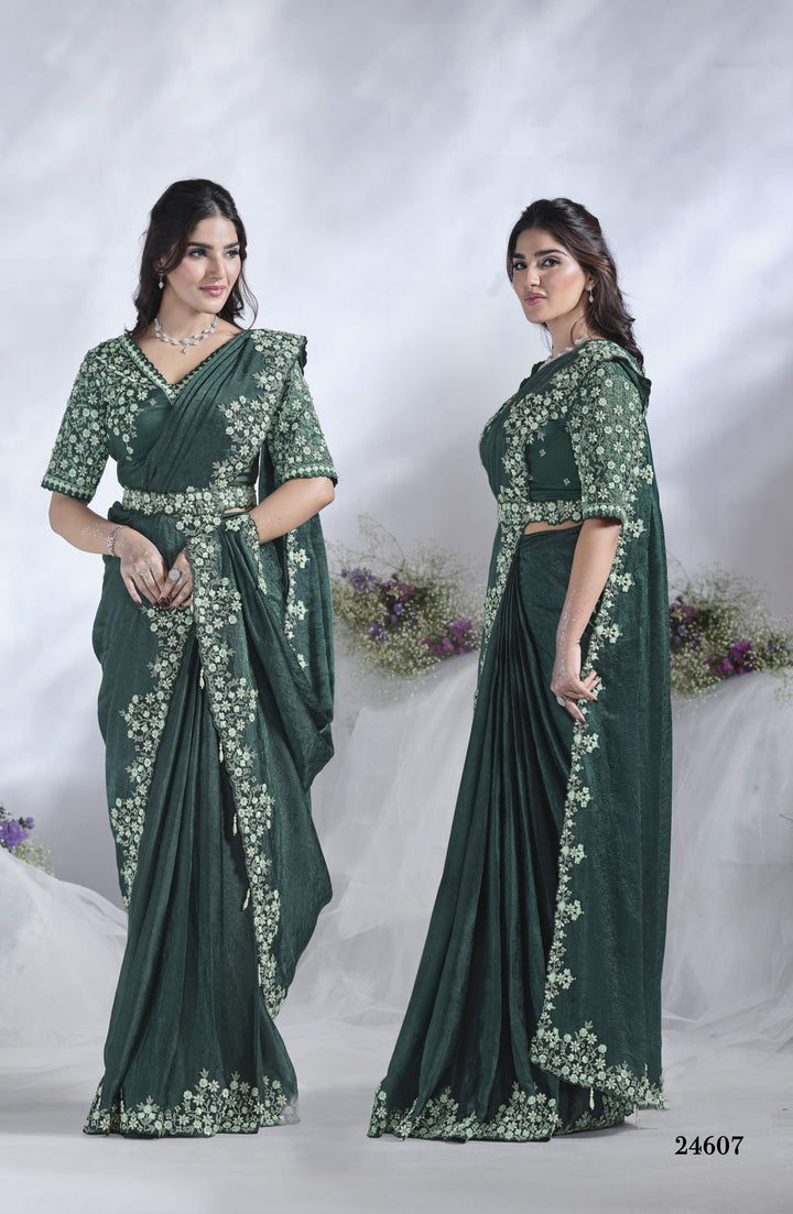 Bottle-Green Saree | Two-Tone Satin Silk with Sequins & Hand Work