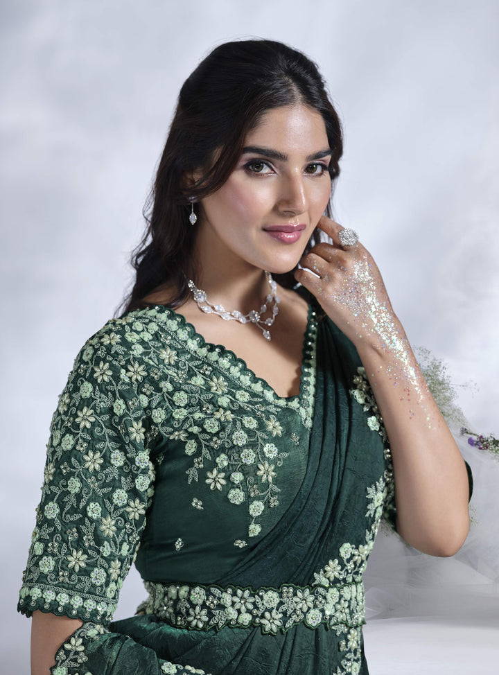 Bottle-Green Saree | Two-Tone Satin Silk with Sequins & Hand Work