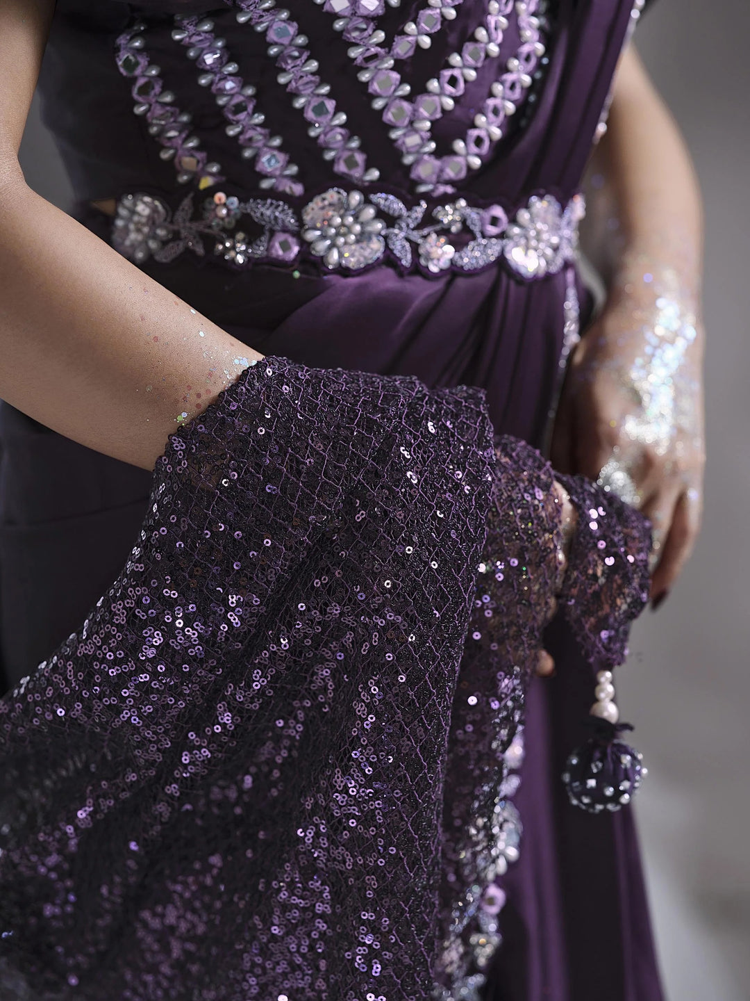 Dark Purple Saree | Mirror & Moti Details on Crepe Satin Silk Fabric