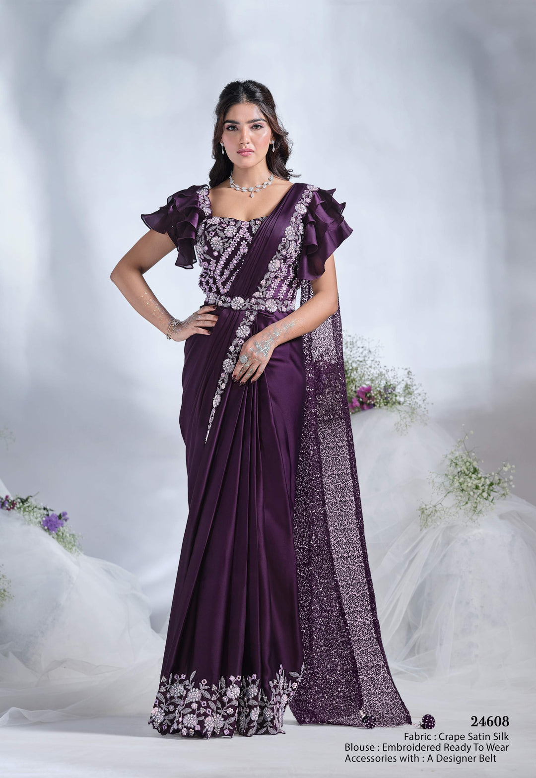 Dark Purple Saree | Mirror & Moti Details on Crepe Satin Silk Fabric