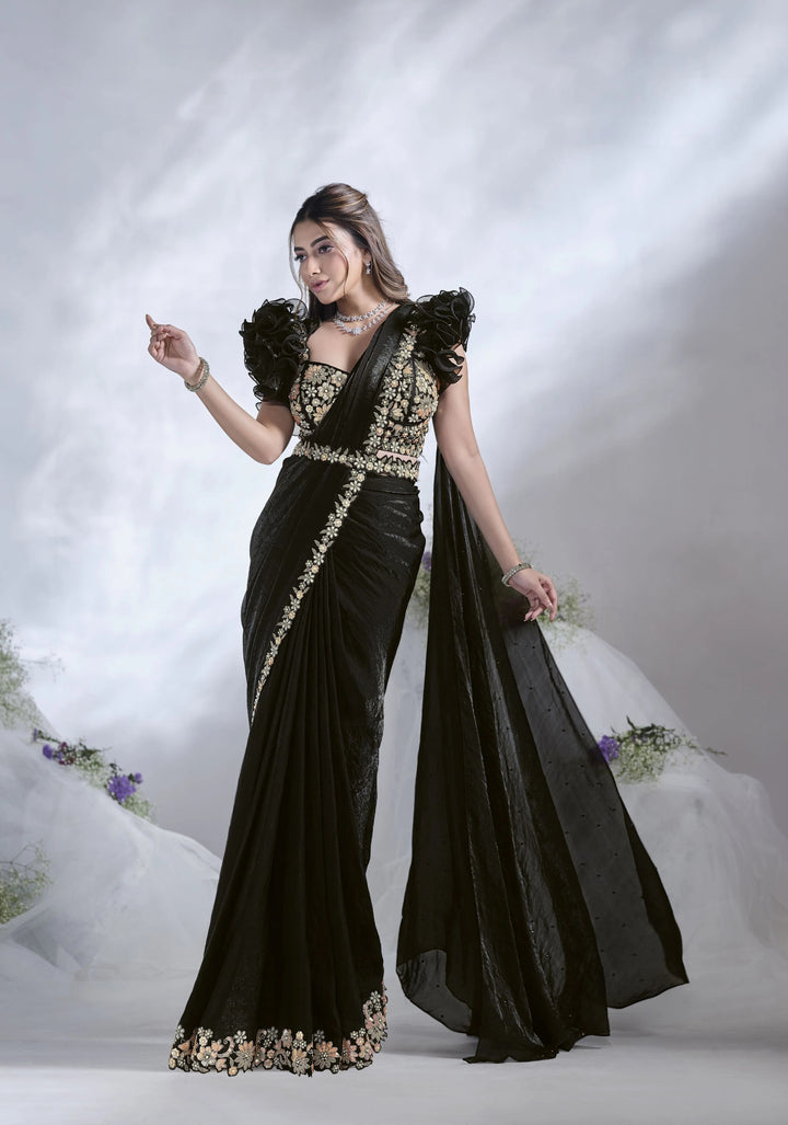 Stunning Black Satin Silk Saree | Perfect for Weddings & Events