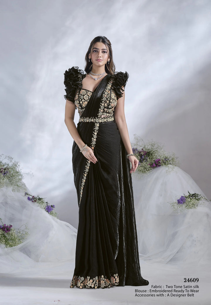 Stunning Black Satin Silk Saree | Perfect for Weddings & Events