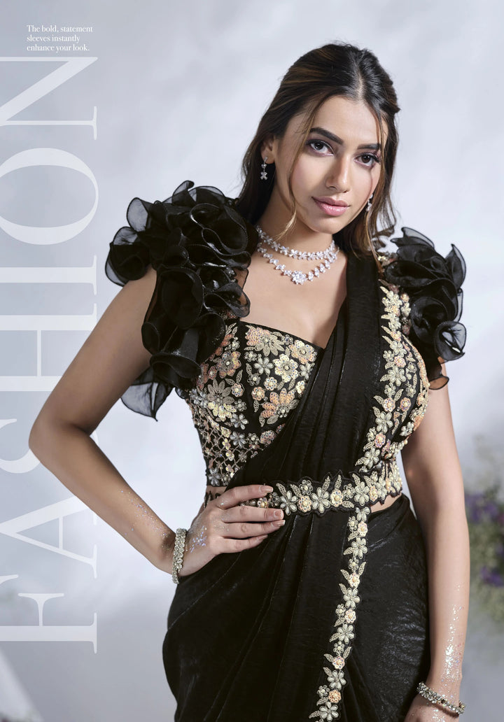 Stunning Black Satin Silk Saree | Perfect for Weddings & Events