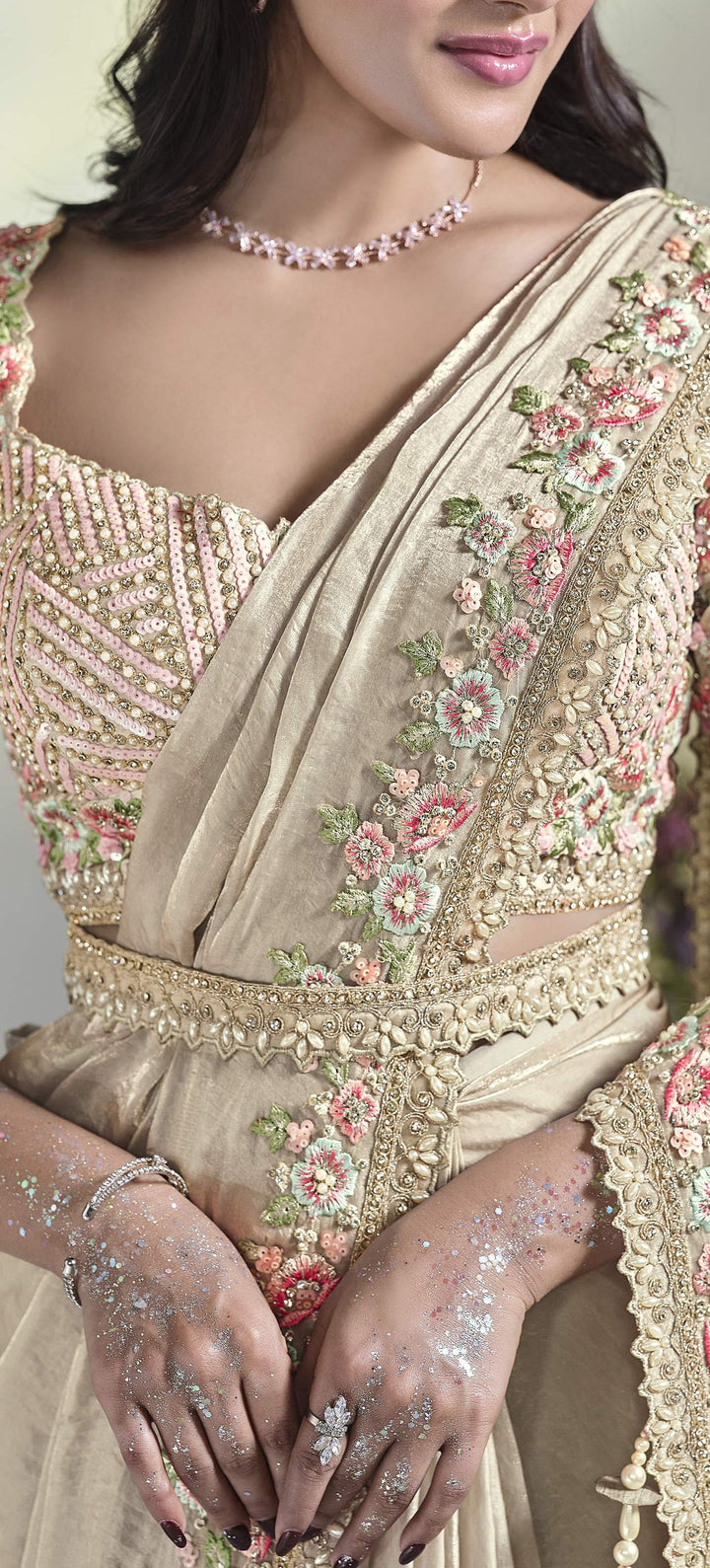 Luxurious Cream Satin Silk Saree | Elegant Sari with Moti & Sequins Details