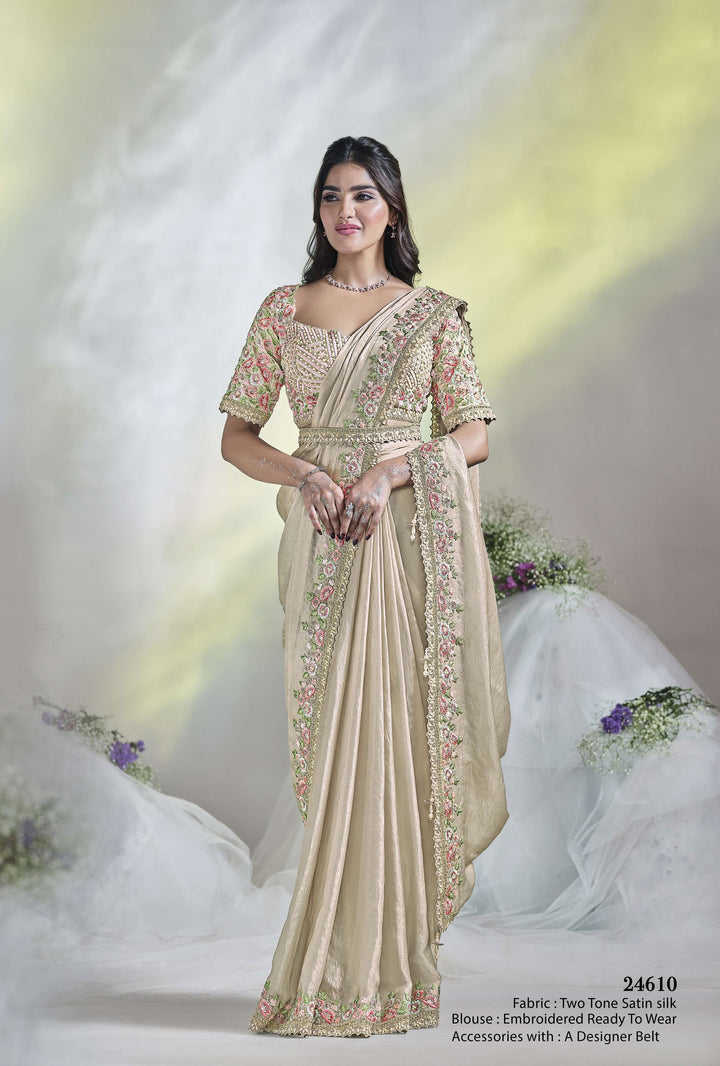 Luxurious Cream Satin Silk Saree | Elegant Sari with Moti & Sequins Details