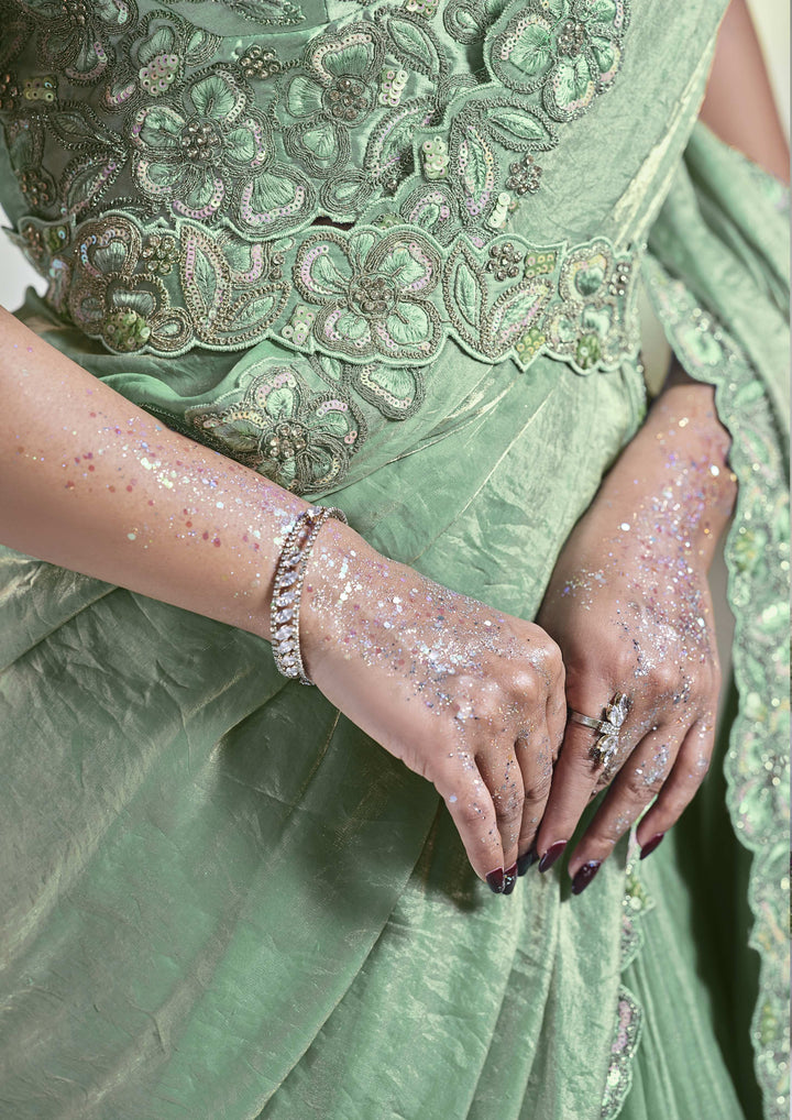 Stunning Sea Green Satin Silk Saree | Sequins & Hand Work for Elegance