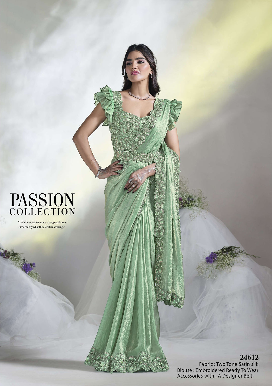 Stunning Sea Green Satin Silk Saree | Sequins & Hand Work for Elegance