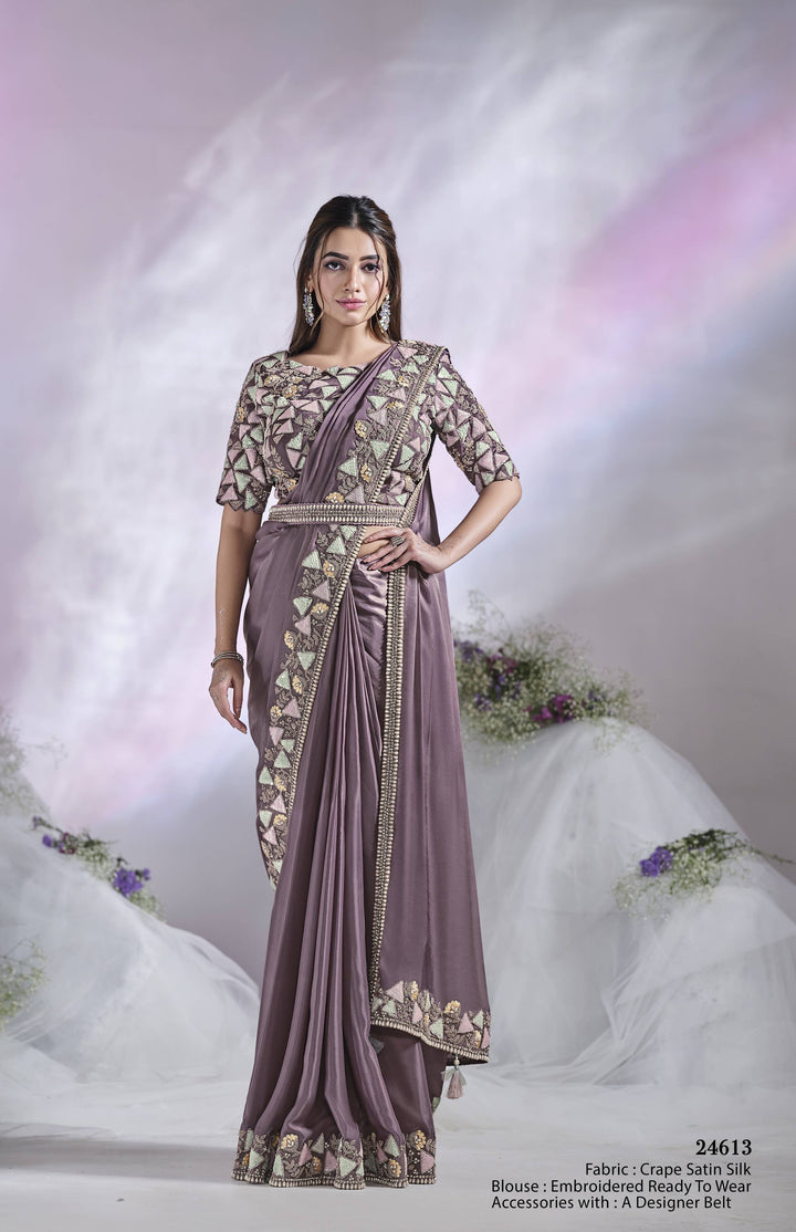 Lavender Dream Saree | Crepe Satin Silk with Sequins & Satin Hand Work