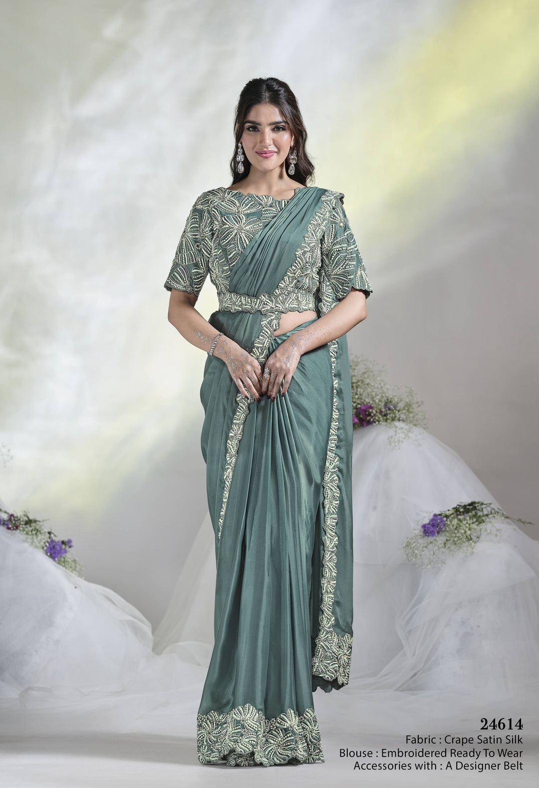 Aqua Blue Saree | Satin Silk Elegance with Intricate Handwork