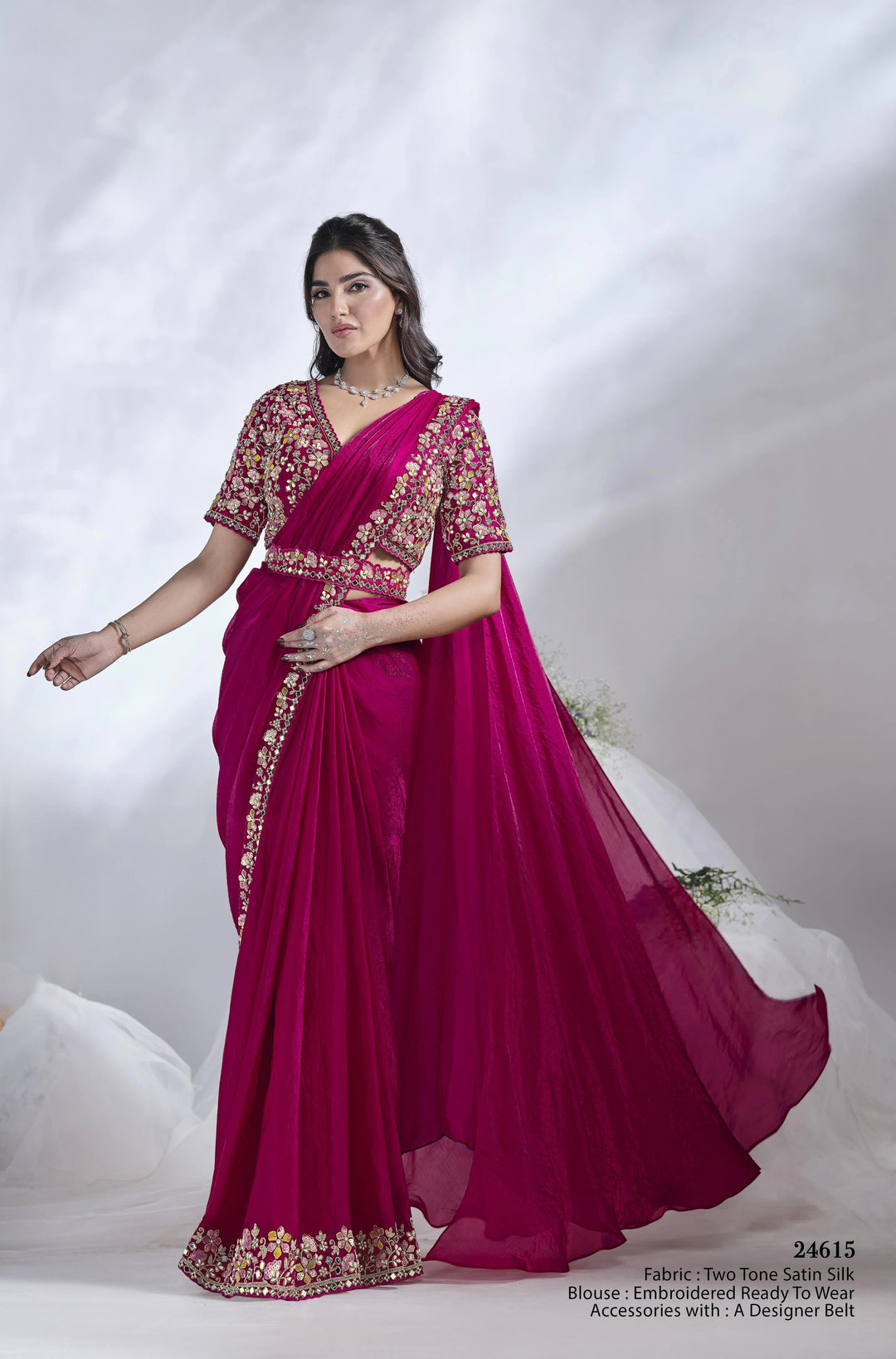 Bright Pink Saree | Two-Tone Satin Silk with Sequins & Mirror Work