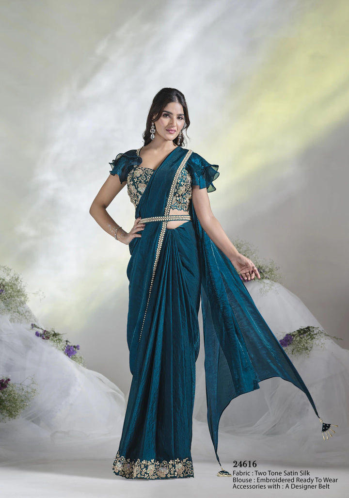 Teal Blue Saree | Two-Tone Satin Silk with Moti & Sequins Work