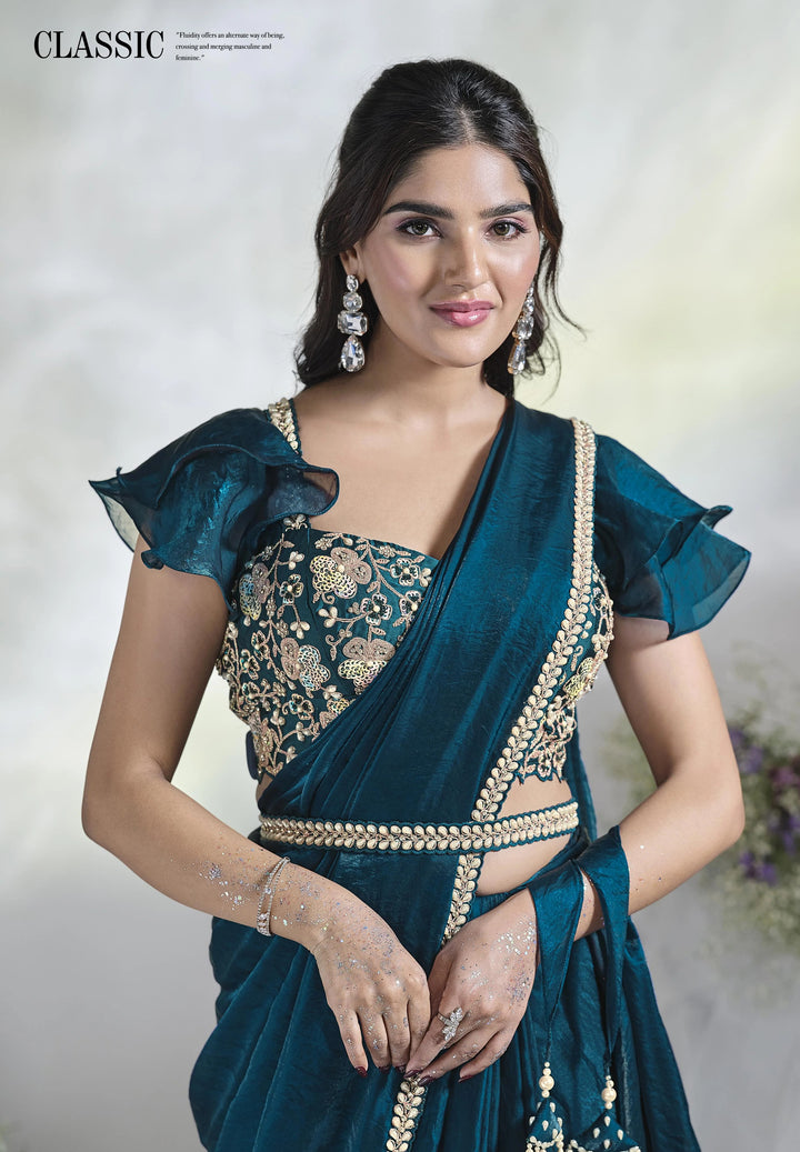 Teal Blue Saree | Two-Tone Satin Silk with Moti & Sequins Work