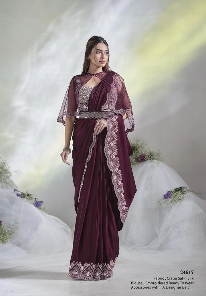 AURA Collection Wine Saree | Satin Silk Elegance with Mirror & Moti Details