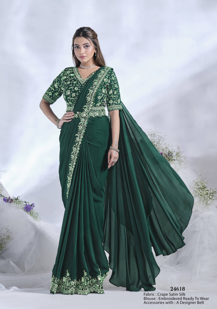 Bold Green Satin Silk Saree | Perfect for Weddings & USA Festive Events