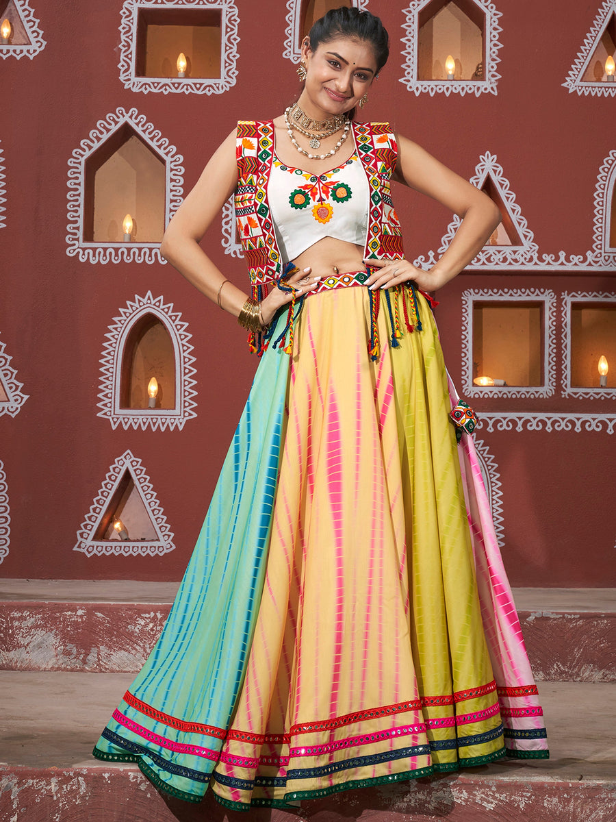 AlluringÃƒâ€šÃ‚Â Multi-Color Mirror Work Navratri Lehenga Choli With Jacket