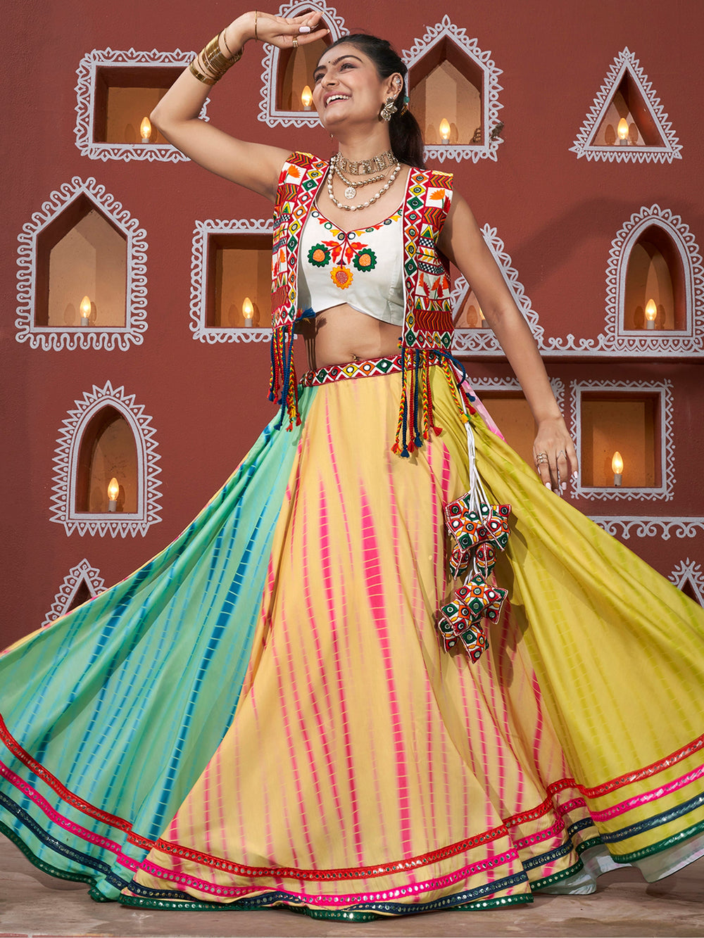 AlluringÃƒâ€šÃ‚Â Multi-Color Mirror Work Navratri Lehenga Choli With Jacket