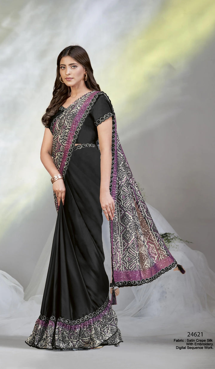 Stunning Black Satin Silk Saree | Digital Sequins Work for Special USA Events