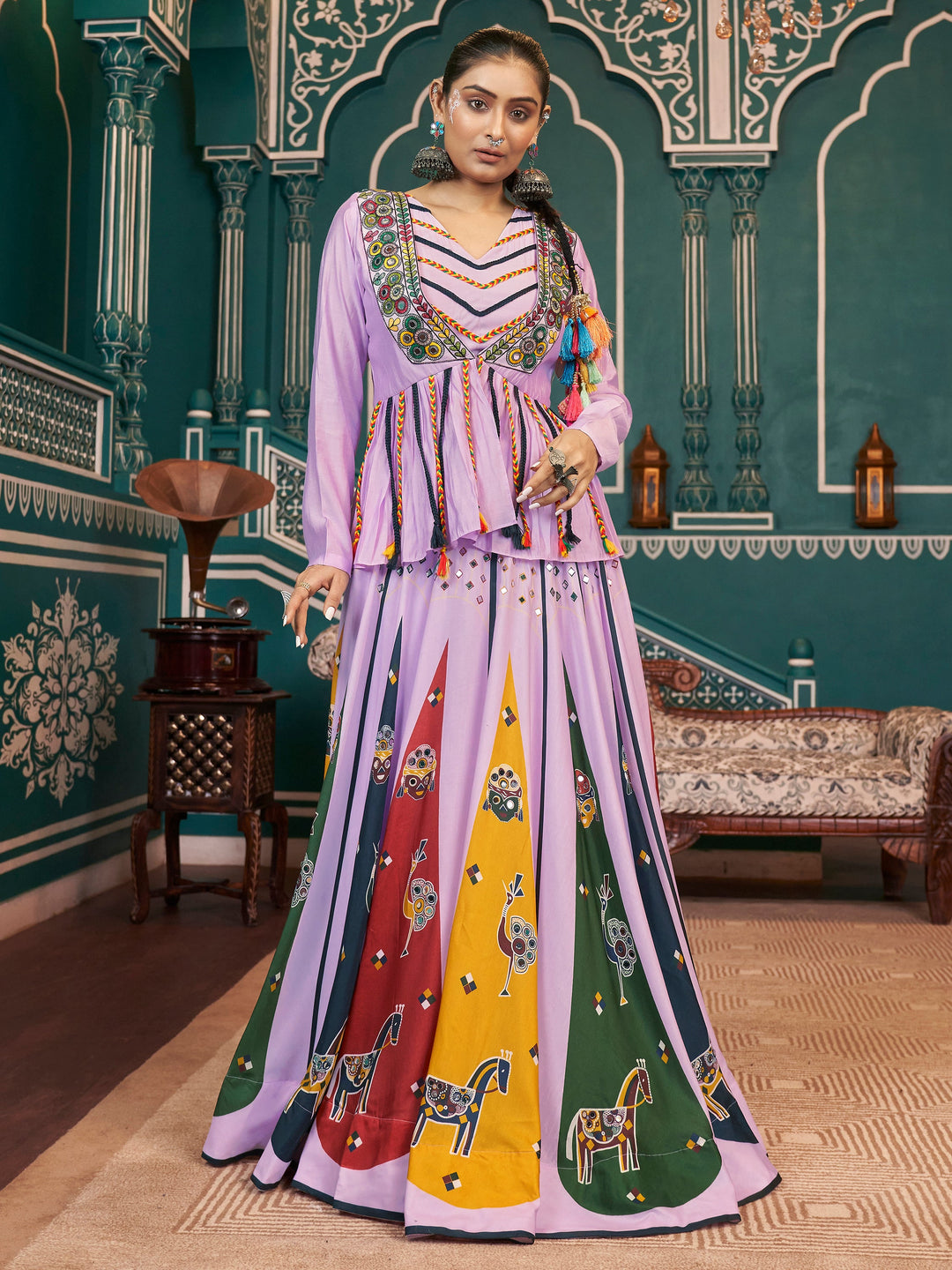 Beautiful Light Purple Printed Silk Navratri Lehenga Choli With Jacket