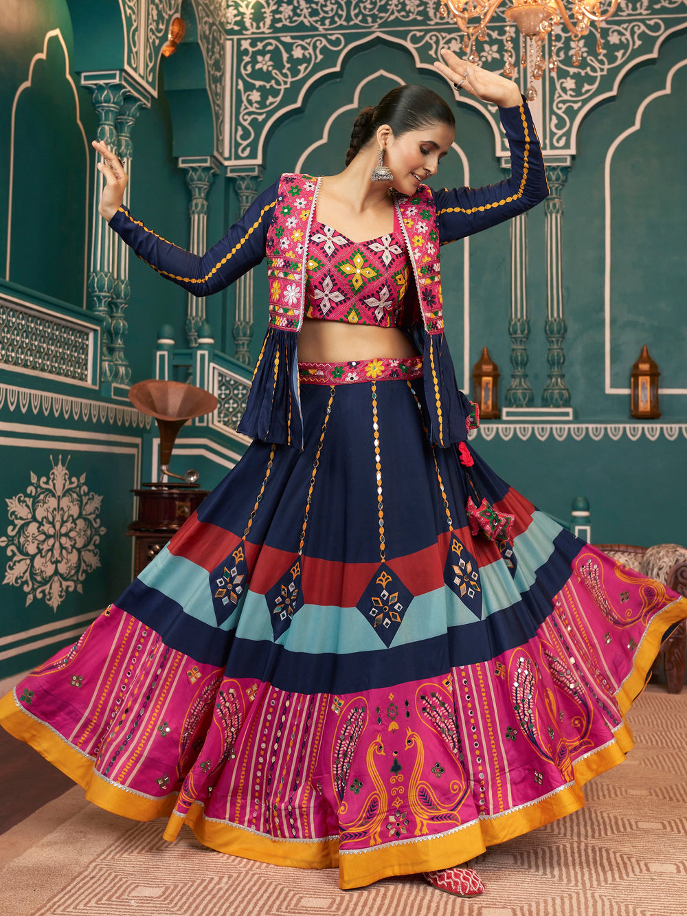 Stunning Multi-Color Printed Silk Navratri Lehenga Choli With Jacket