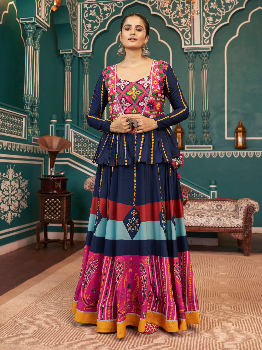 Stunning Multi-Color Printed Silk Navratri Lehenga Choli With Jacket