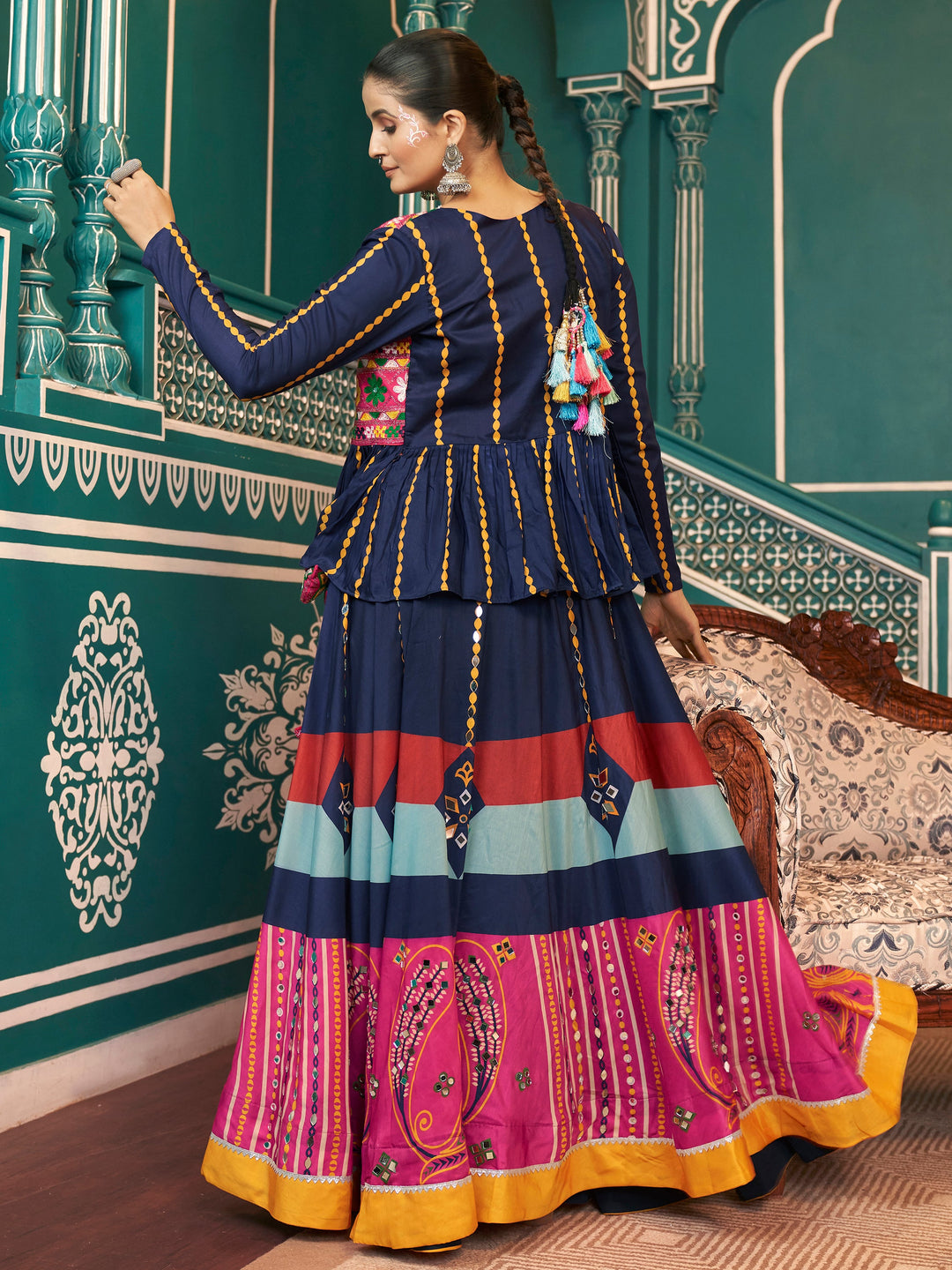 Stunning Multi-Color Printed Silk Navratri Lehenga Choli With Jacket