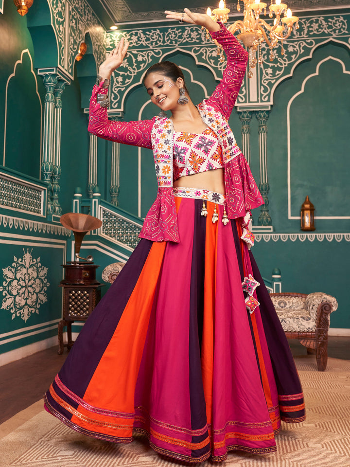 Spectacular Multi-Color Rayon Navratri Lehenga Choli With Jacket