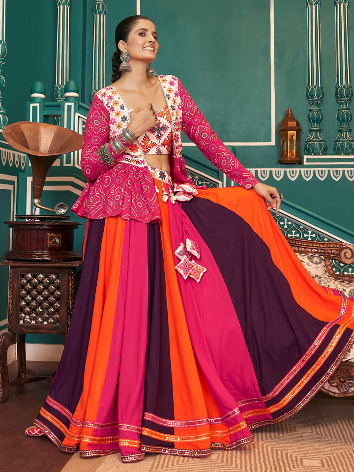 Spectacular Multi-Color Rayon Navratri Lehenga Choli With Jacket