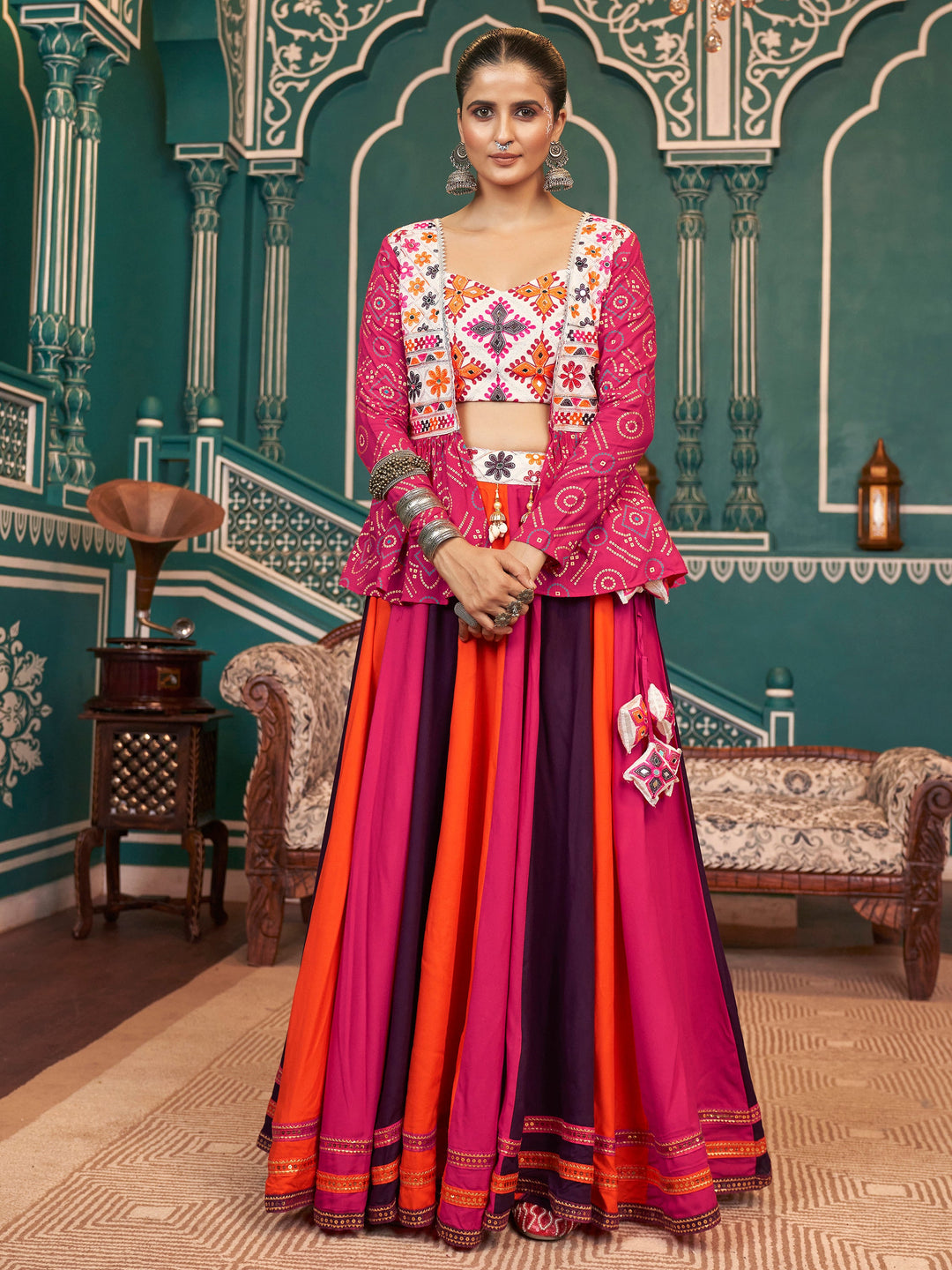 Spectacular Multi-Color Rayon Navratri Lehenga Choli With Jacket