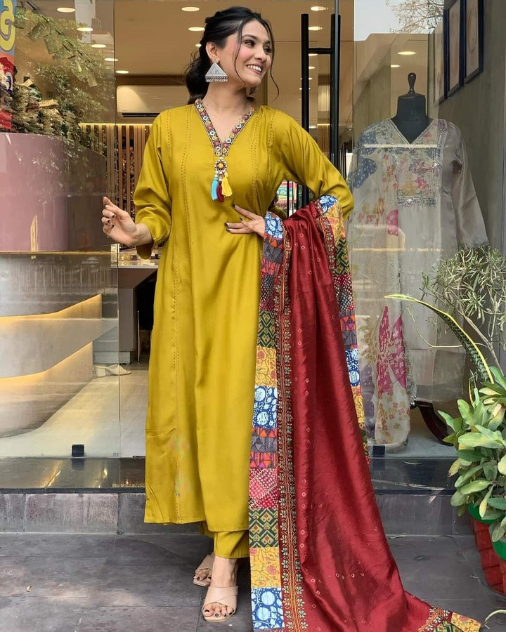 Stylish Mustard Kurta Set | Viscose Chanderi with Crepe Dupatta