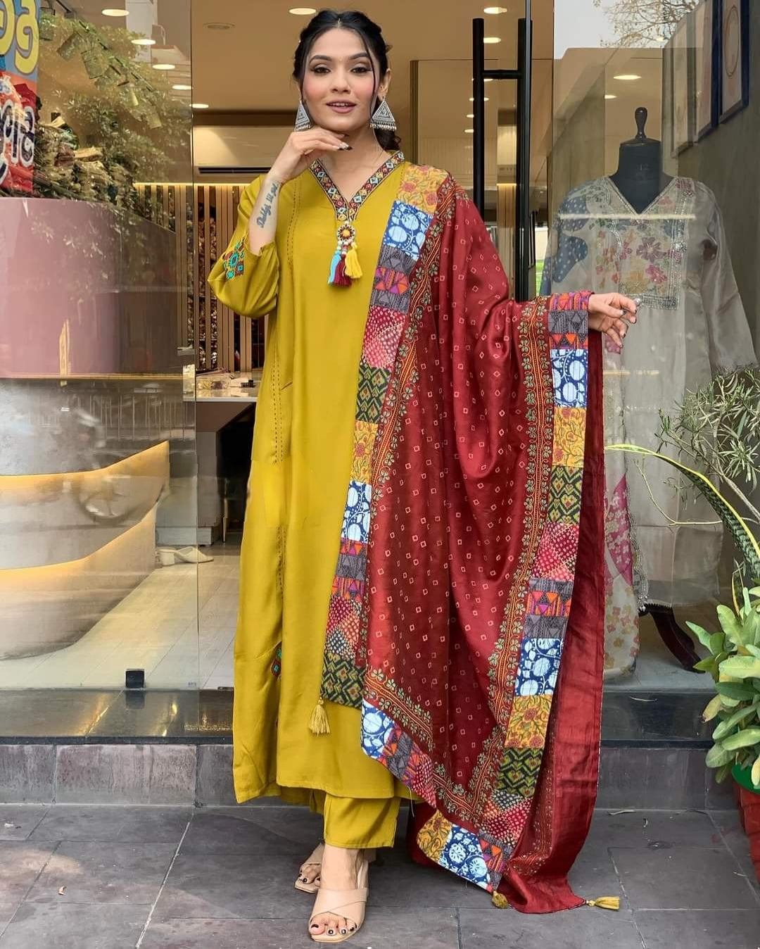 Stylish Mustard Kurta Set | Viscose Chanderi with Crepe Dupatta