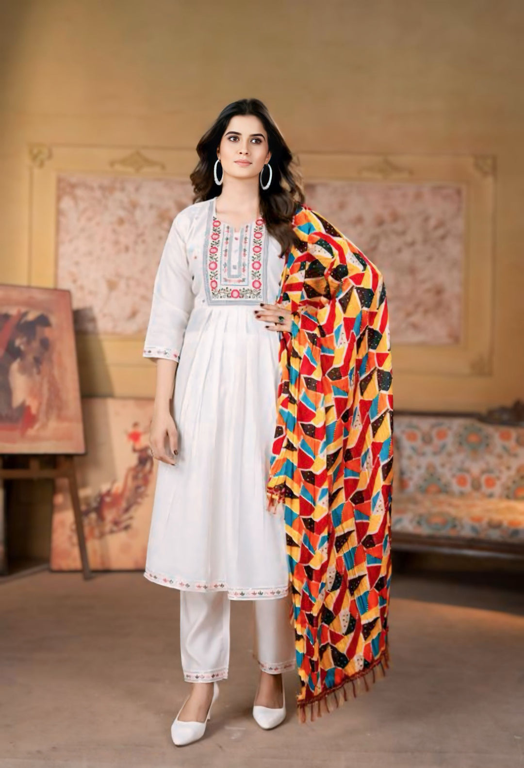 Elegant White Kurta Set | Viscose Chanderi with Silk Dupatta