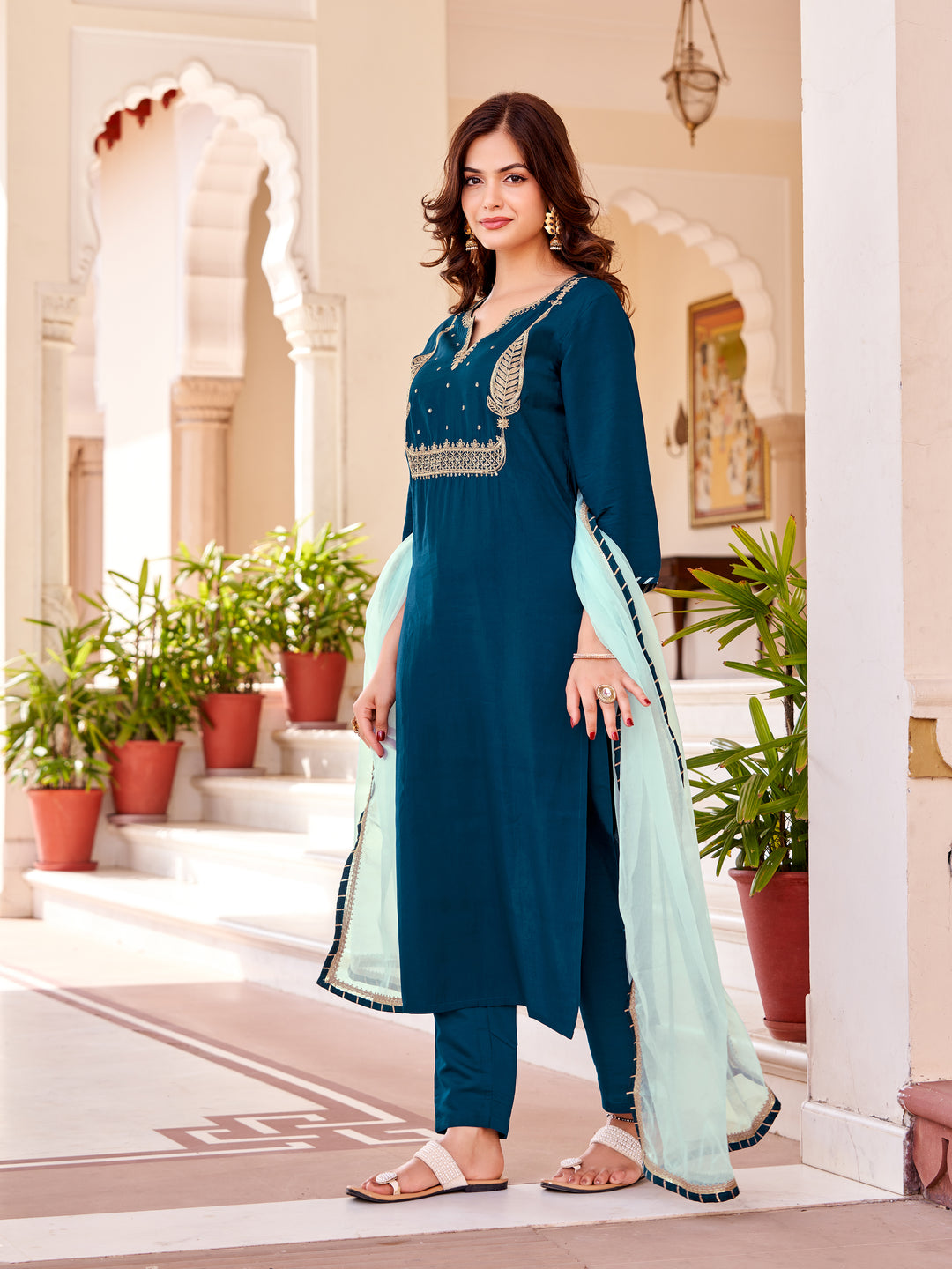 Elegant Colored Pair Suit | Modal Silk with Organza Dupatta