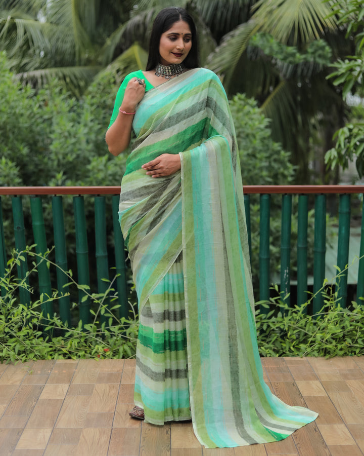 Radiate sophistication in this green Moss chiffon saree, featuring a stunning foil design and delicate gold accents for a festive look.