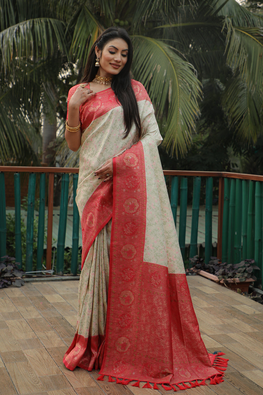 Timeless cream saree with Kanjivaram work, showcasing delicate craftsmanship and a radiant finish for any formal occasion.