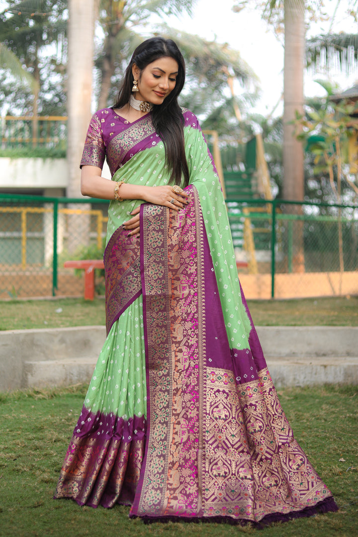 Gorgeous Pista-Green Pure Bandhej Silk Saree featuring a stunning Kanjivaram border and Minakari pallu.