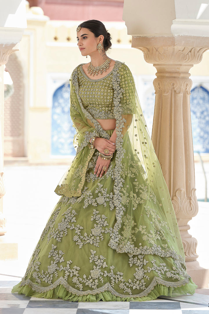 Designer Olive Green Lehenga Choli | Soft Net with Sequins & Dori Work